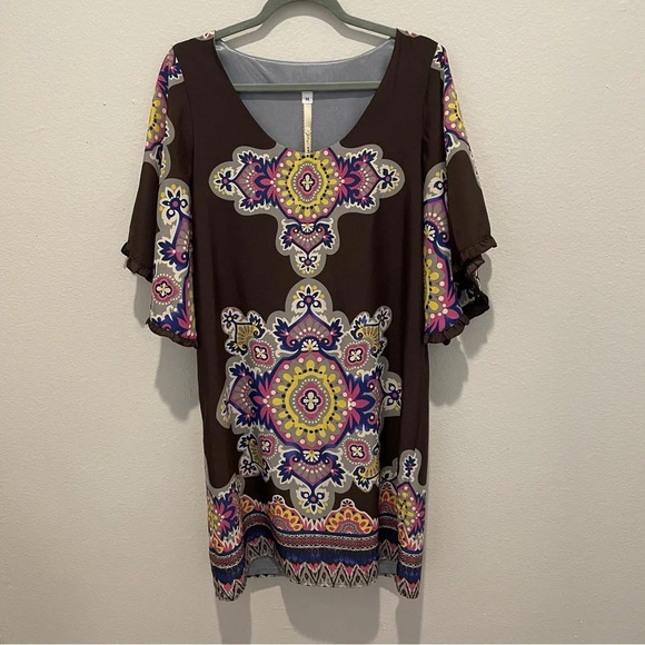 Anthropologie Uncle Frank disco 70s mandala print bell sleeve shift dress medium - Picture 6 of 12